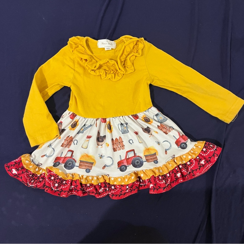 Marie Nicole Clothing Yellow Long Sleeve Dress with Ruffled Twirl Skirt XXS